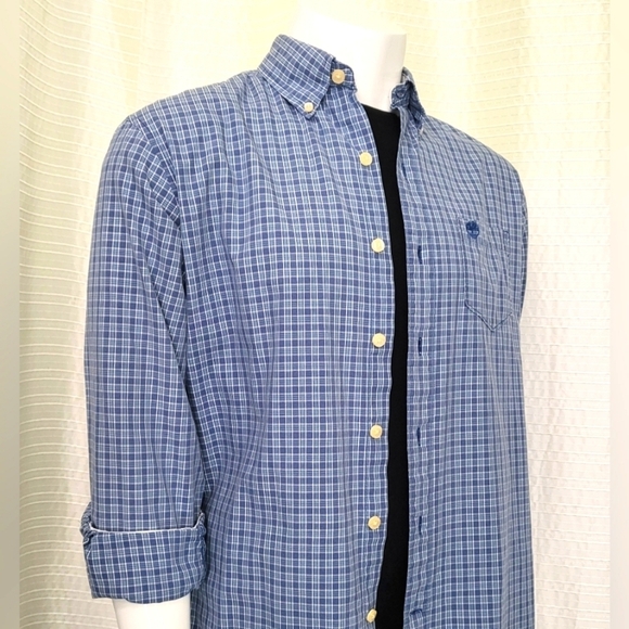 Timberland Button Down Plaid Shirt 100% Cotton Blue White Men's M - Picture 1 of 11